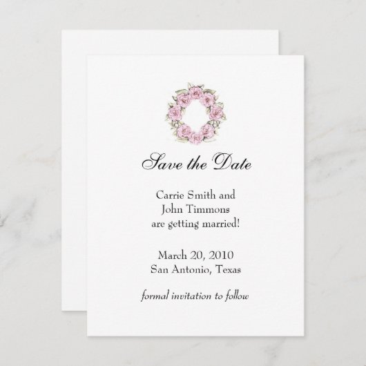 日付をピンク色で保存フローラリース 招待状 (正面/裏面)