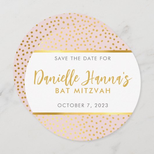 日付をピンク色の淡い色の金ゴールド水玉模様 招待状 (正面/裏面)