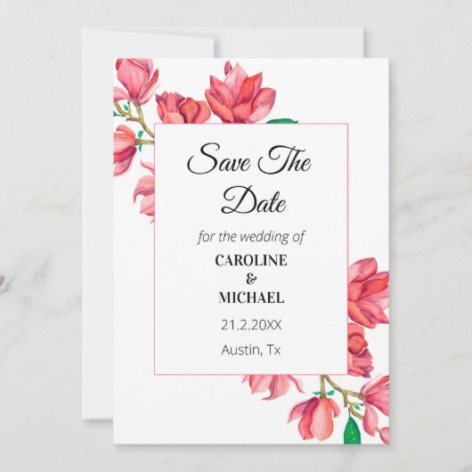 日付をピンク色の白いフローラ結婚のカードに保存 セーブザデート (正面)