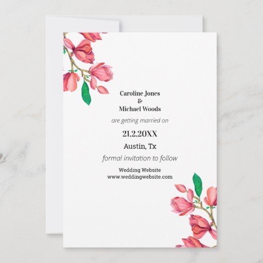 日付をピンク色の白いフローラ結婚のカードに保存 セーブザデート (裏面)