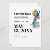 日付をミニマルモダンリストの孔雀結婚の セーブザデート (正面/裏面)