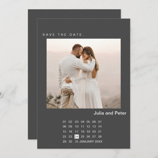 日付をモダン保存する写真とカレンダー 招待状 (正面/裏面)