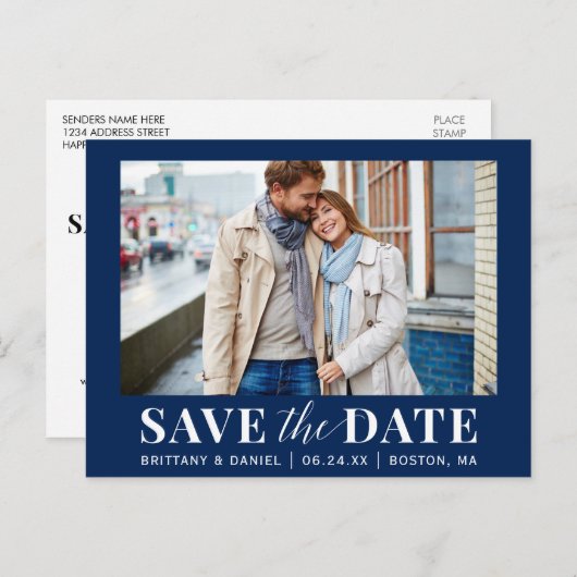 日付をモダン保存する写真 – 青または色を選択 ポストカード (正面/裏面)