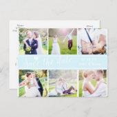 日付をライトブルー結婚の6枚の写真はがきを保存 案内ポストカード (正面/裏面)