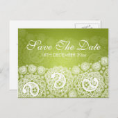 日付を保エレガント存ペイズリーレースライムグリーン 案内ポストカード (正面/裏面)