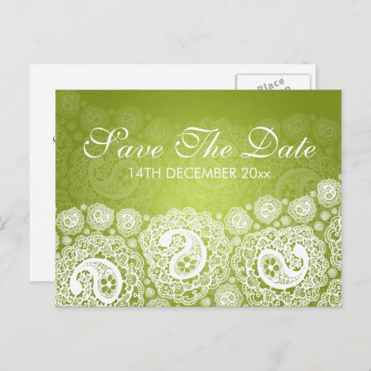 日付を保エレガント存ペイズリーレースライムグリーン 案内ポストカード (正面/裏面)