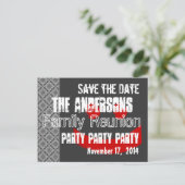 日付を保モダン存ファミリ懇親会赤黒 案内ポストカード (スタンド正面)