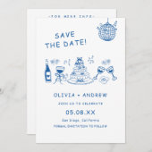 日付を保存お洒落する青い手描き結婚式 招待状 (正面/裏面)