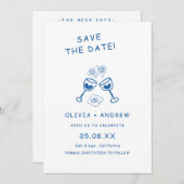 日付を保存お洒落する青い手描き結婚式 招待状 (正面/裏面)