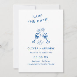 日付を保存お洒落する青い手描き結婚式 招待状