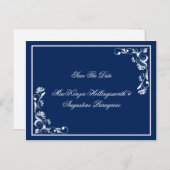 日付を保存したネイビーとホワイトフローラ 案内ポストカード (正面/裏面)