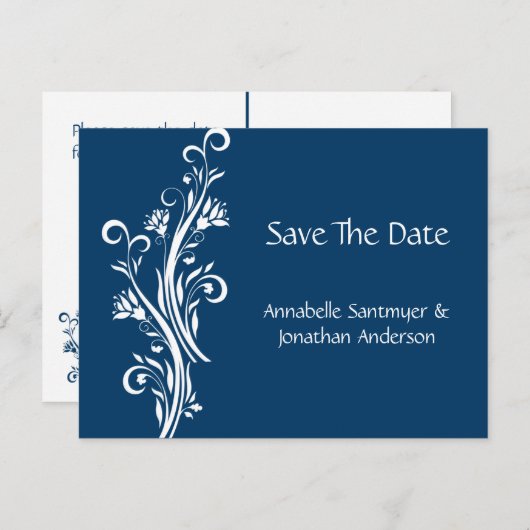 日付を保存したネイビーとホワイトフローラ 案内ポストカード (正面/裏面)