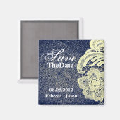 日付を保存したネイビーブルーバーラップレース素朴な結婚式 マグネット (正面/裏面)
