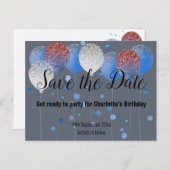 日付を保存したネイビーブルーレッド白いバルーン 案内ポストカード (正面/裏面)