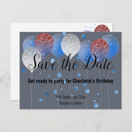 日付を保存したネイビーブルーレッド白いバルーン 案内ポストカード (正面/裏面)