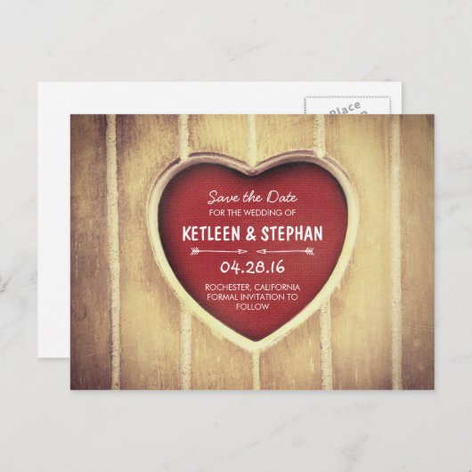日付を保存したハートの田舎彫り 案内ポストカード (正面/裏面)