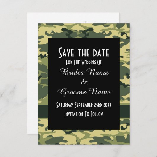 日付を保存した緑の迷彩模様 案内ポストカード (正面/裏面)