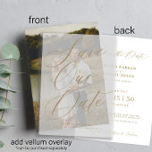 日付を保存した金ゴールドのvellum結婚式のフォトカード セーブザデート