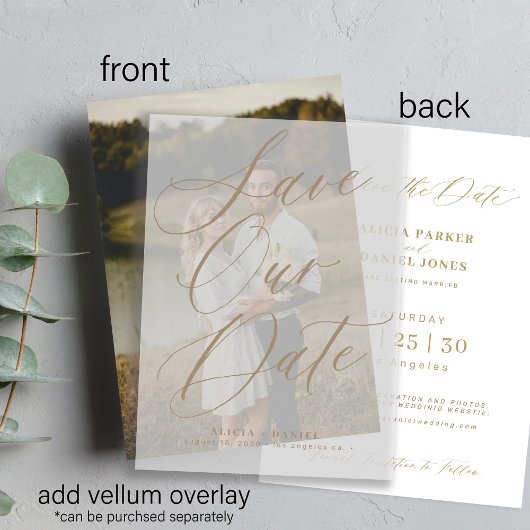 日付を保存した金ゴールドのvellum結婚式のフォトカード セーブザデート