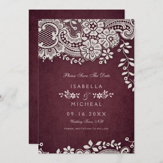 日付を保存してバーガンディヴィンテージレース素朴な結婚式 セーブザデート (正面/裏面)