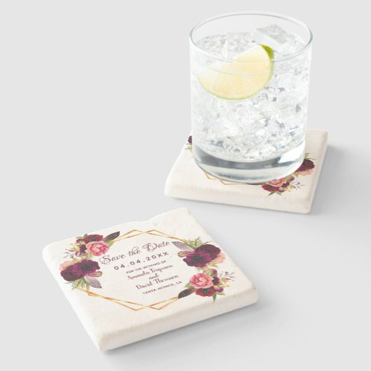 日付を保存してブルゴーニュの幾何学的な結婚式 ストーンコースター (横)