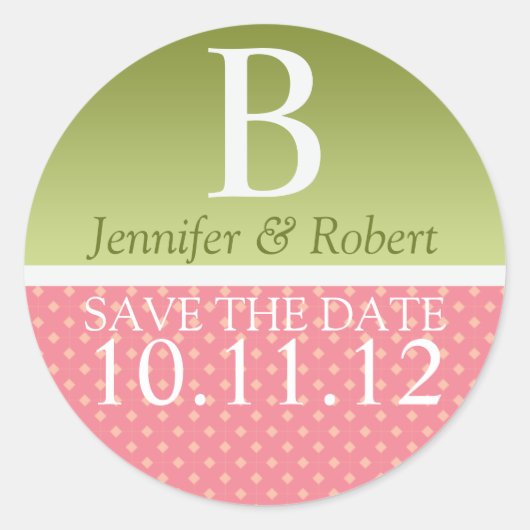 日付を保存してモノグラムグリーンピンクの結婚式 ラウンドシール (正面)