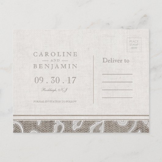 日付を保存してレースのラップ素朴な田舎の結婚式 案内ポストカード (裏面)