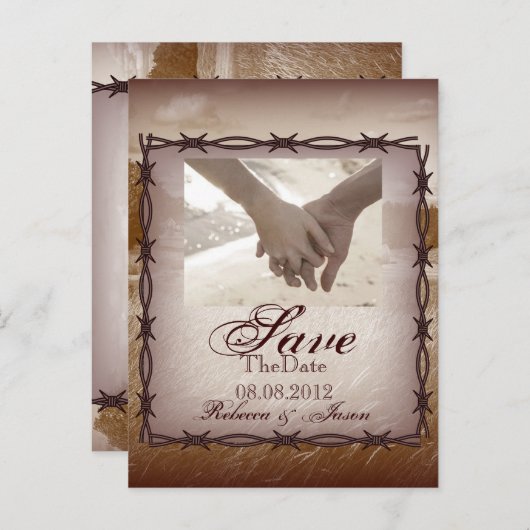 日付を保存して有刺鉄洋式カントリーウェディング 案内ポストカード (正面/裏面)