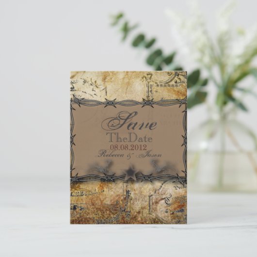 日付を保存して有刺鉄洋式カントリーウェディング 案内ポストカード (スタンド正面)