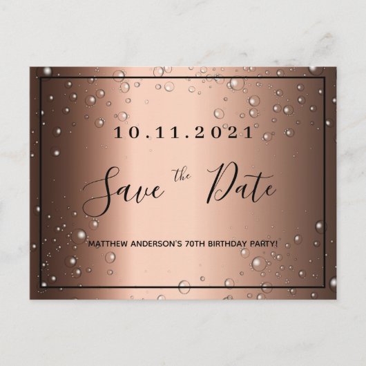日付を保存して70th誕生日ブロンズのブラックメタリック ポストカード (正面)