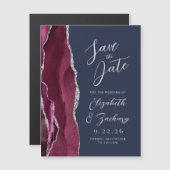 日付を保存してAgate Burgundyシルバー海軍の結婚式 マグネット招待状 (正面/裏面)