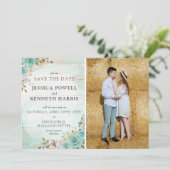 日付を保存しよう！ ラスティックターコイズフラワーの4枚写真カード 招待状 (スタンド正面)