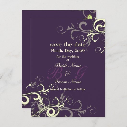 日付を保存し、モノグラムのクリームの渦巻き/DIY色! 案内ポストカード (正面/裏面)