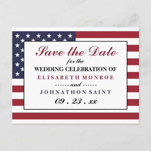 日付を保存するアメリカ国旗の結婚式 案内ポストカード (正面)