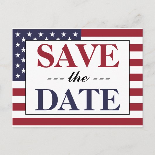 日付を保存するアメリカ国旗の結婚式 案内ポストカード (正面)