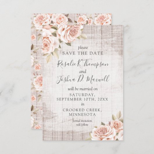 日付を保存するウッド素朴&ロマンチックなバラカード 招待状 (正面/裏面)