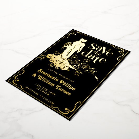 日付を保存するエレガントなウェディングシルエット 箔招待状 (回転した状態)