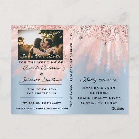 日付を保存するゴールデンスクリプトフォトバラ王室の青 ポストカード (裏面)