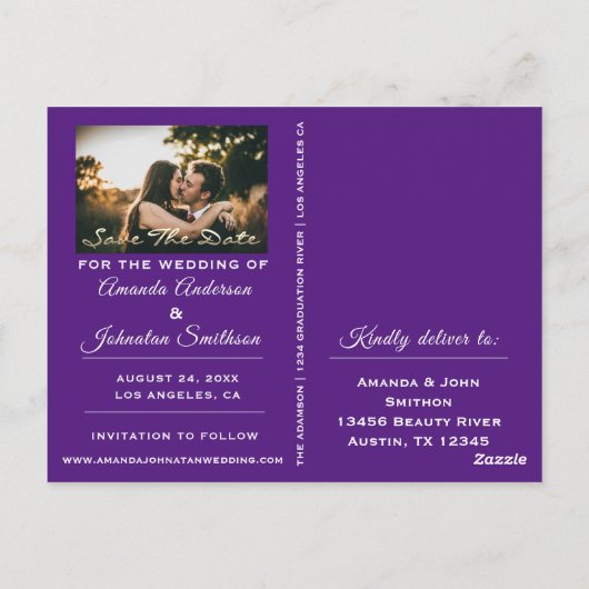 日付を保存するゴールデンスクリプトフォトパープル ポストカード (裏面)