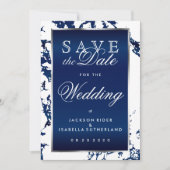 日付を保存するネイビーブルーマーブルホワイト&シルバー セーブザデート (正面)