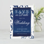 日付を保存するネイビーブルーマーブルホワイト&シルバー セーブザデート (スタンド正面)