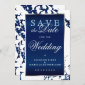 日付を保存するネイビーブルーマーブルホワイト&シルバー セーブザデート (正面/裏面)