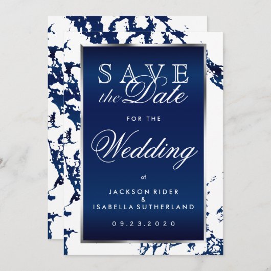 日付を保存するネイビーブルーマーブルホワイト&シルバー セーブザデート (正面/裏面)