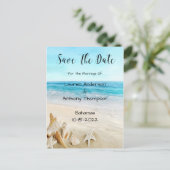 日付を保存するビーチ結婚式上のシェル ポストカード (スタンド正面)