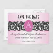 日付を保存するピンクと黒のモノグラムのヴィンテージ 案内ポストカード (正面/裏面)