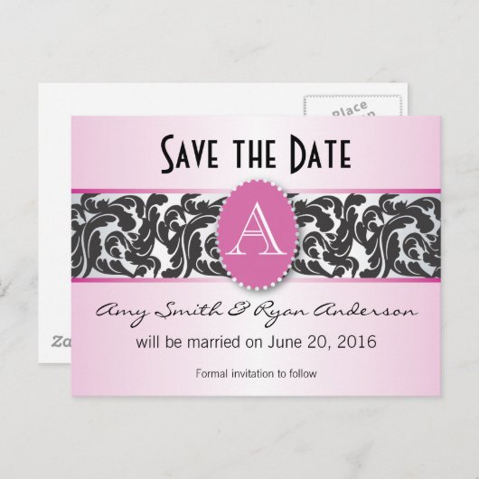 日付を保存するピンクと黒のモノグラムのヴィンテージ 案内ポストカード (正面/裏面)