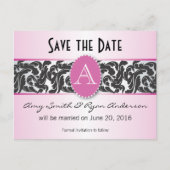 日付を保存するピンクと黒のモノグラムのヴィンテージ 案内ポストカード (正面)