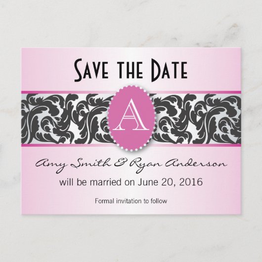 日付を保存するピンクと黒のモノグラムのヴィンテージ 案内ポストカード (正面)