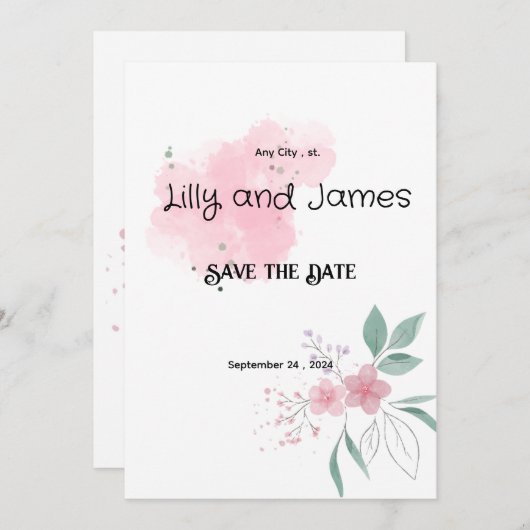 日付を保存するピンクの花の幅招待状 招待状 (正面/裏面)