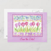 日付を保存するピンクラベンダーチューリップフラワースケッチ 案内ポストカード (正面/裏面)